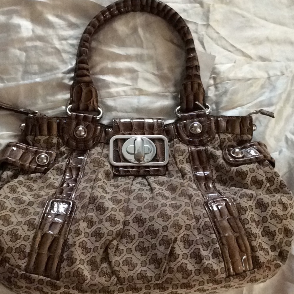 Guess Enchanted Signature Canvas Croco Trim Bag