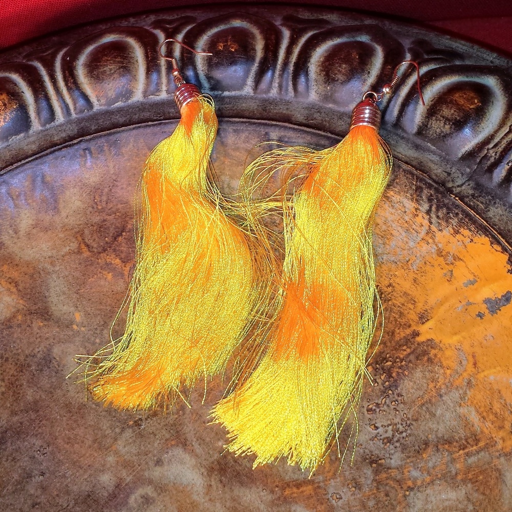 5" Long Bright Yellow Tassel Earrings w/ Gold Trim