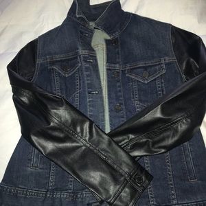 Never worn Ann Taylor jean jacket leather sleeves