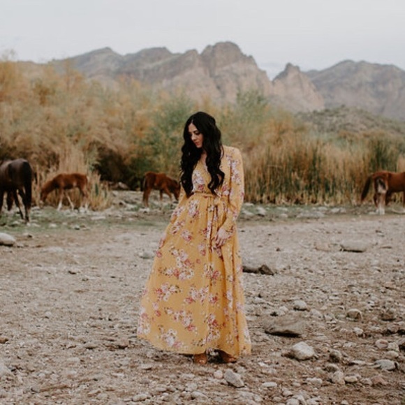 Flowy Floral Maxi Dress - Mustard - Picture 4 of 7