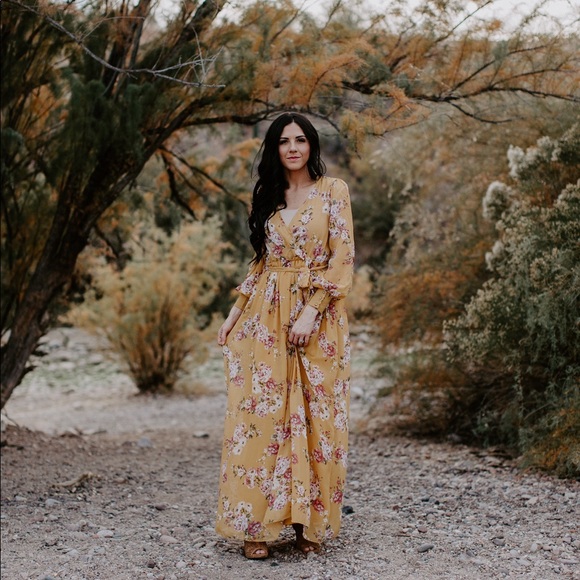 Flowy Floral Maxi Dress - Mustard - Picture 2 of 7