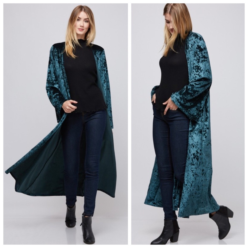 New green velvet velour kimono cardigan - Picture 2 of 3