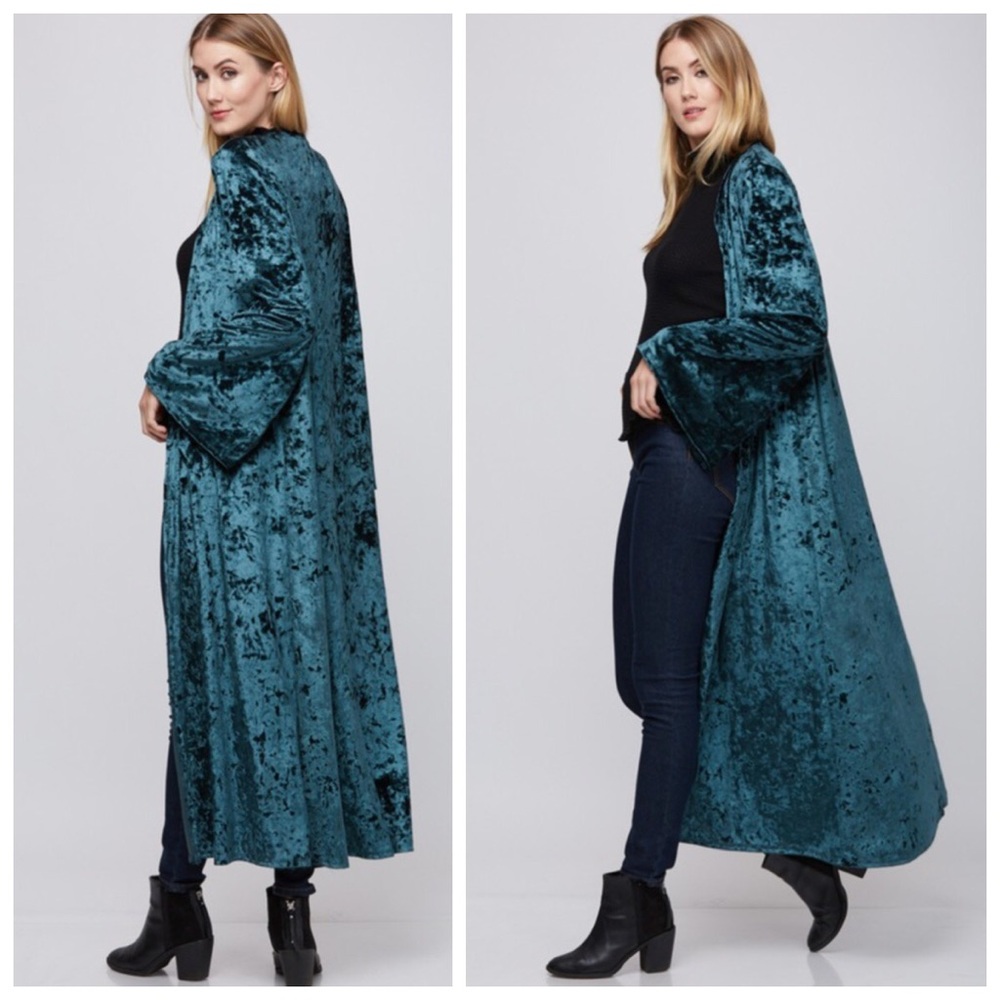 New green velvet velour kimono cardigan - Picture 3 of 3