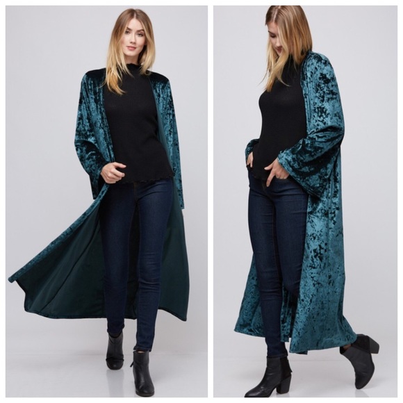 New green velvet velour kimono cardigan - Picture 2 of 3