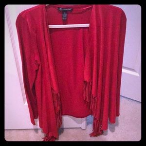 Red fringe cardigan. Perfect for the holidays!