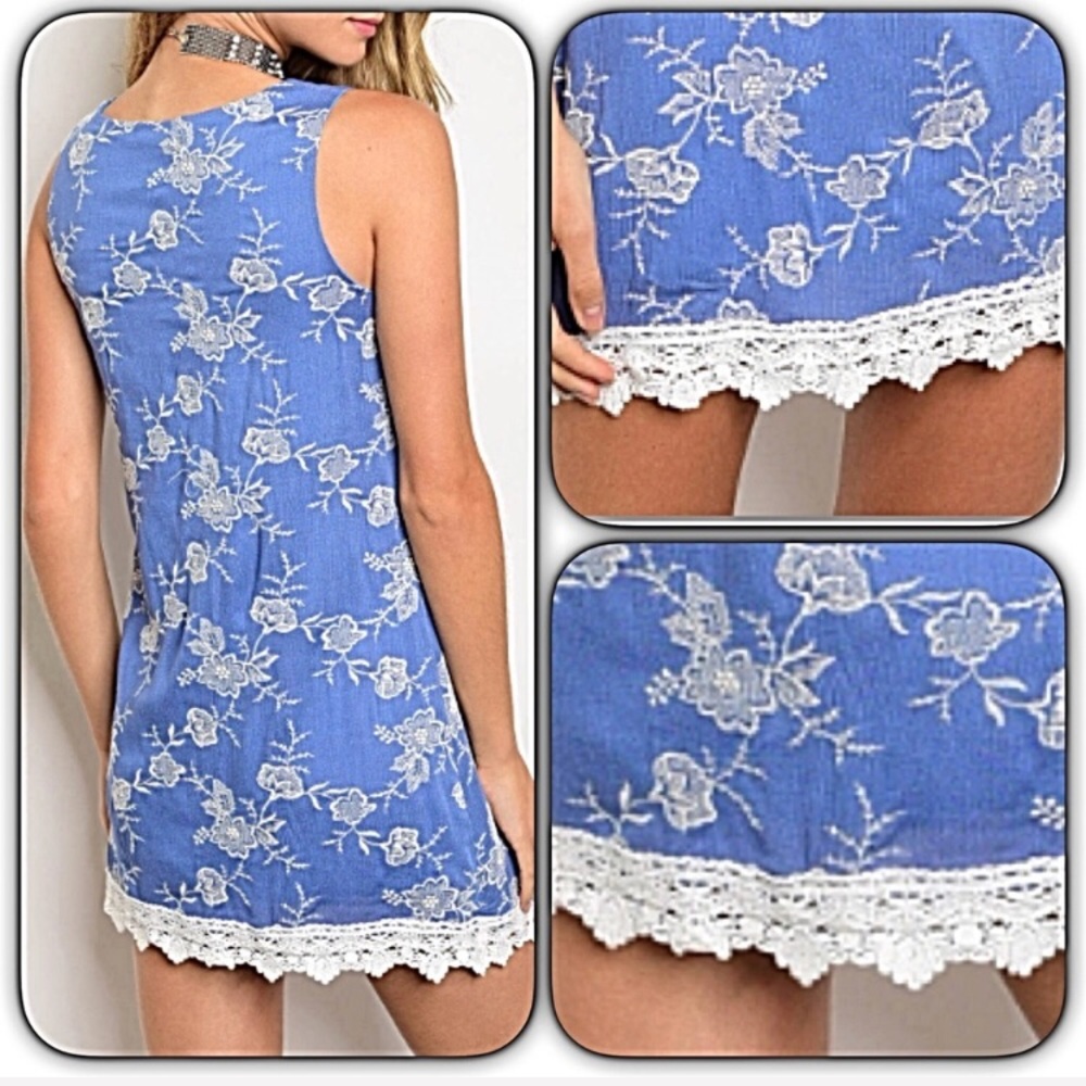 Lace Hem Chambray Floral Tunic Slip Dress M/L - Picture 2 of 5