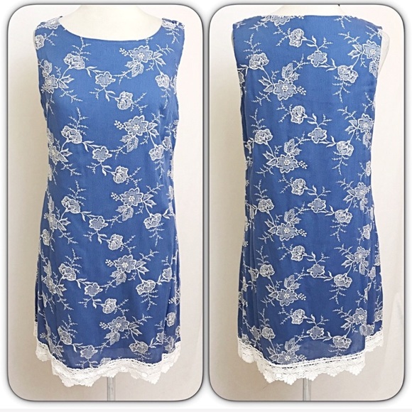 Lace Hem Chambray Floral Tunic Slip Dress M/L - Picture 3 of 5