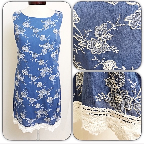 Lace Hem Chambray Floral Tunic Slip Dress M/L - Picture 4 of 5