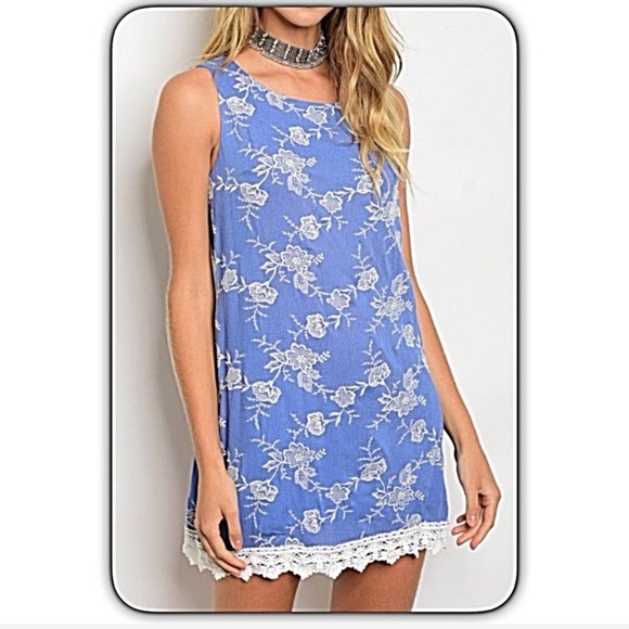 Lace Hem Chambray Floral Tunic Slip Dress M/L - Picture 5 of 5