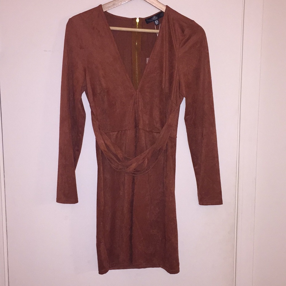 Taupe, tight, long sleeve, mini dress