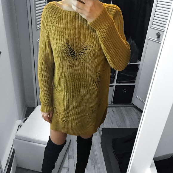 LAST 1▪️Mustard Yellow Distressed Sweater Dress - Picture 3 of 6
