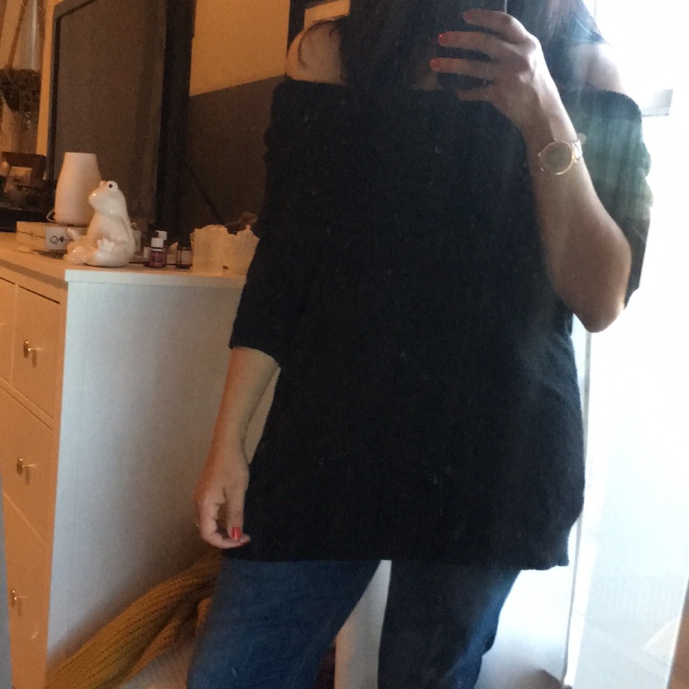 Off the shoulder sweater.
