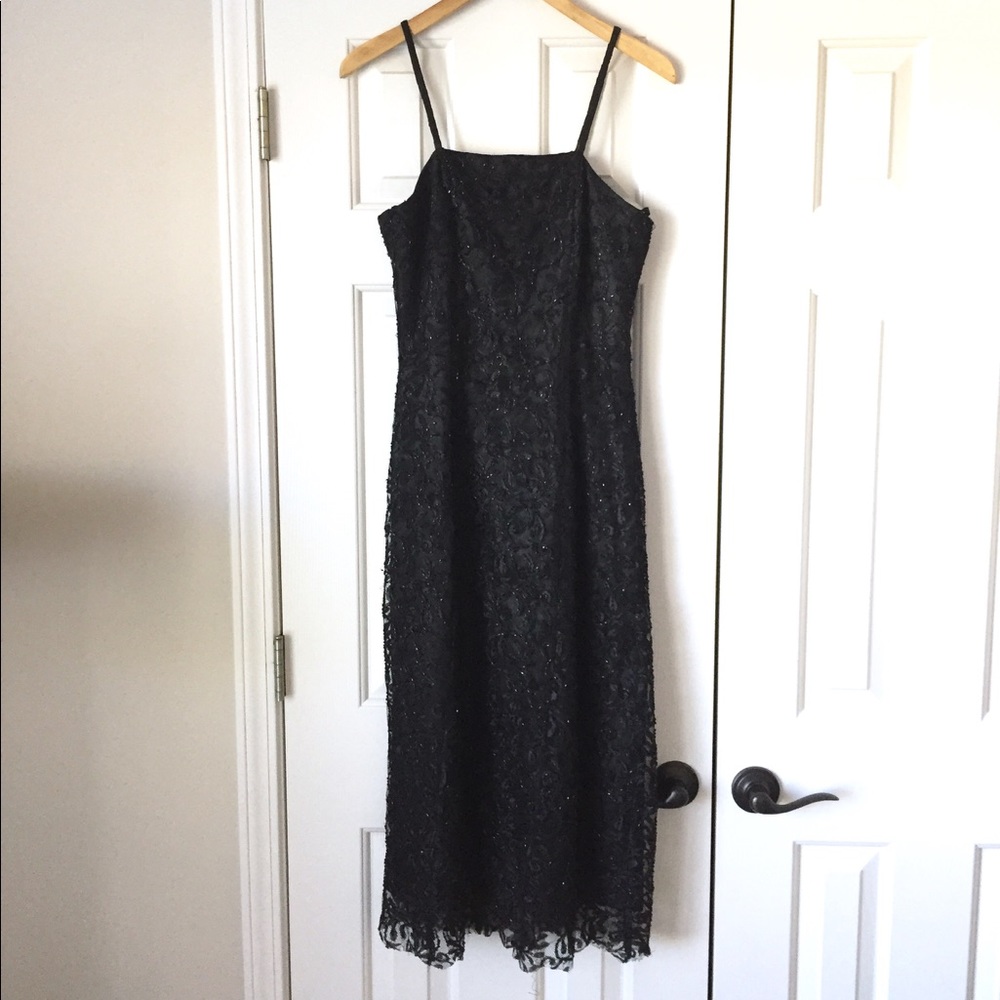 Black beaded and lace midi dress. Marina brand