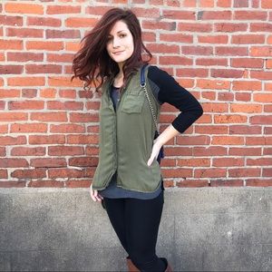 Army green sleeveless button down