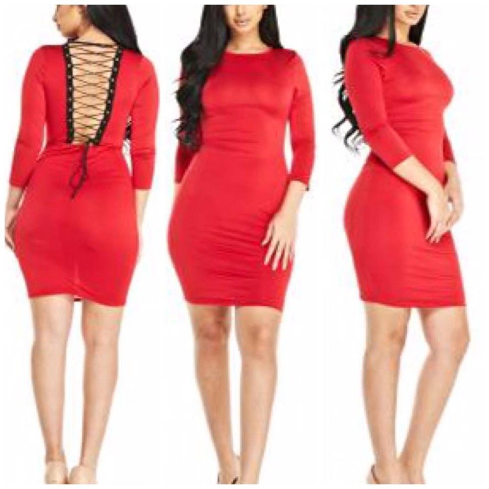 Red Bodycon Dress with Lace Up Back