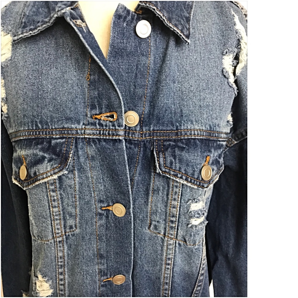 Distressed Denim Jean Jacket Tunic Length Sold - Picture 3 of 8