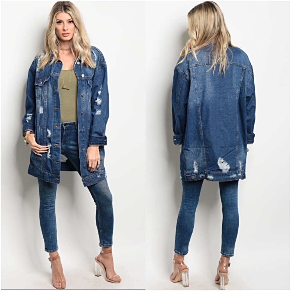 Distressed Denim Jean Jacket Tunic Length Sold - Picture 4 of 8