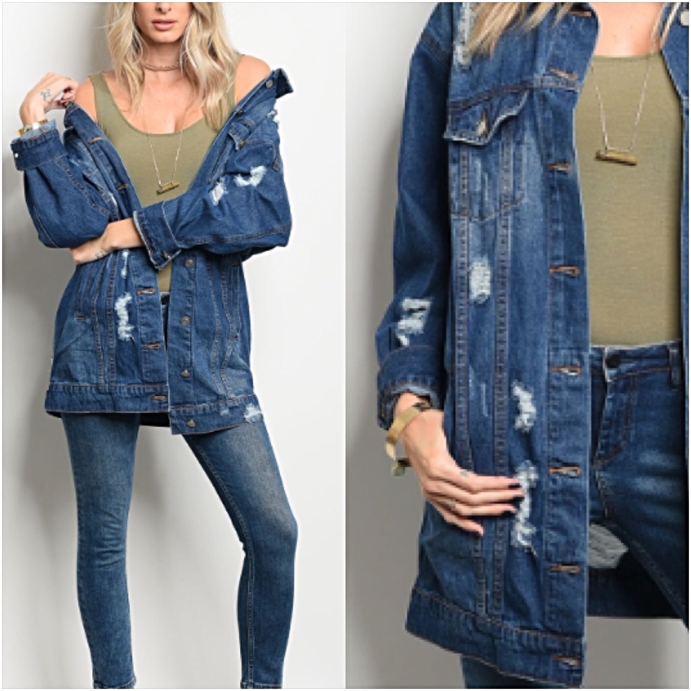 Distressed Denim Jean Jacket Tunic Length Sold - Picture 7 of 8