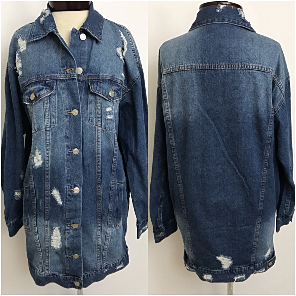 Distressed Denim Jean Jacket Tunic Length Sold - Picture 8 of 8