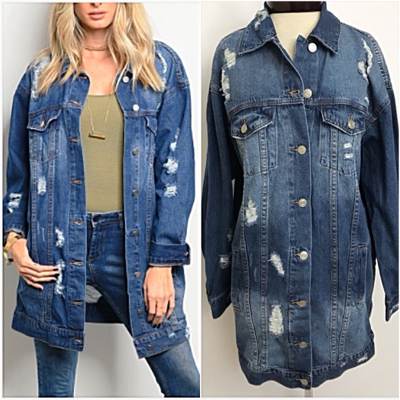 Distressed Denim Jean Jacket Tunic Length Sold - Picture 2 of 8