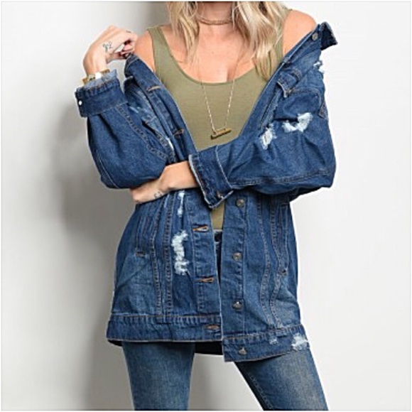 Distressed Denim Jean Jacket Tunic Length Sold - Picture 5 of 8