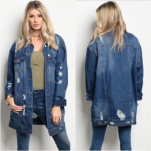 Distressed Denim Jean Jacket Tunic Length Sold - Picture 6 of 8