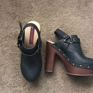 Blue leather clog heels