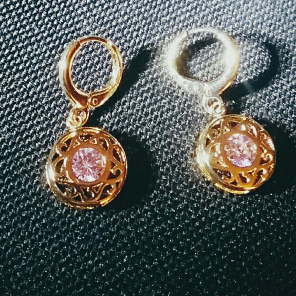 Small gold filled earrings w/ Pink crystal