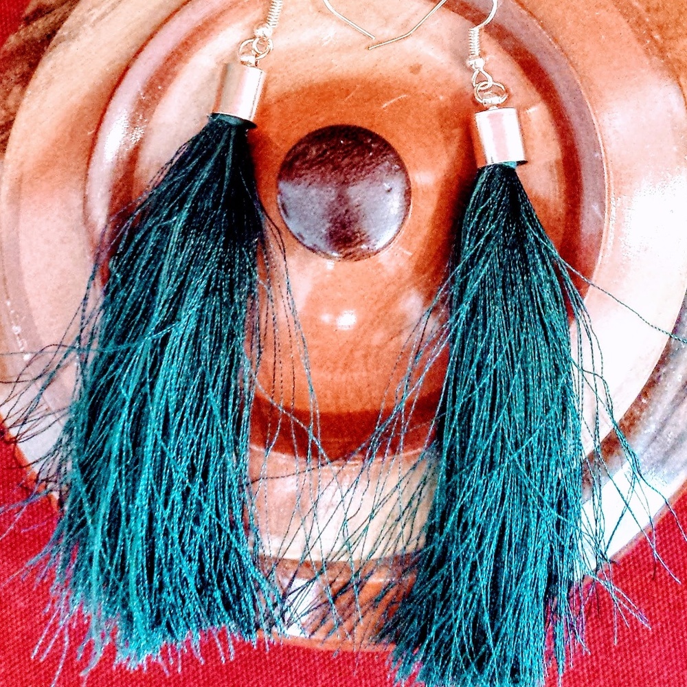 Long Tassel Earrings  Very Dark Teal Green