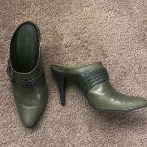 Olive green leather mules