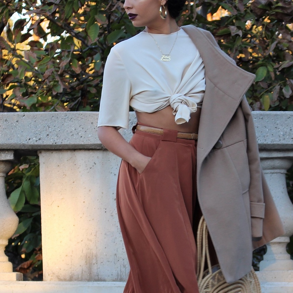 Beautiful cream silk blouse / Camel Coat