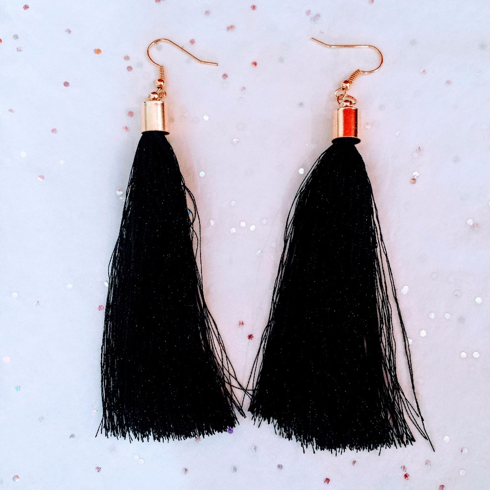 Black  4.5" Long Bright Tassel Earrings