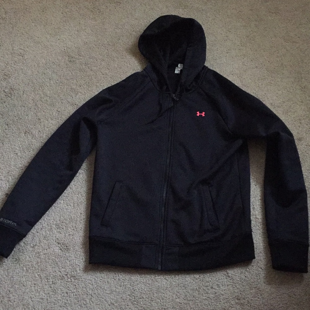 Black Under Armour zip up with coral UA symbol.