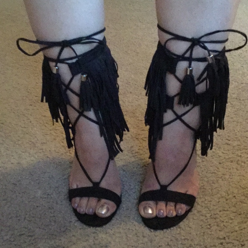Suede Fringe lace up stilleto with tassel ends.