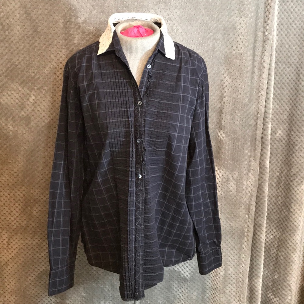 Gap plaid button down. Lace collar. Pleated front