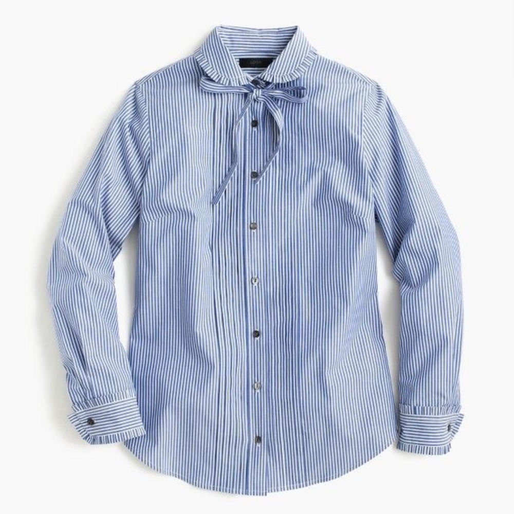 J Crew Striped Tie Neck Tuxedo Shirt W Ruffles 6