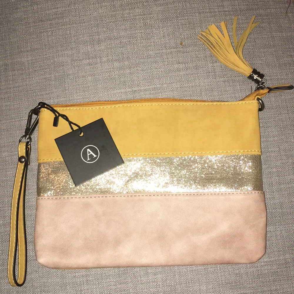 French designer clutch - mustard / gold / beige