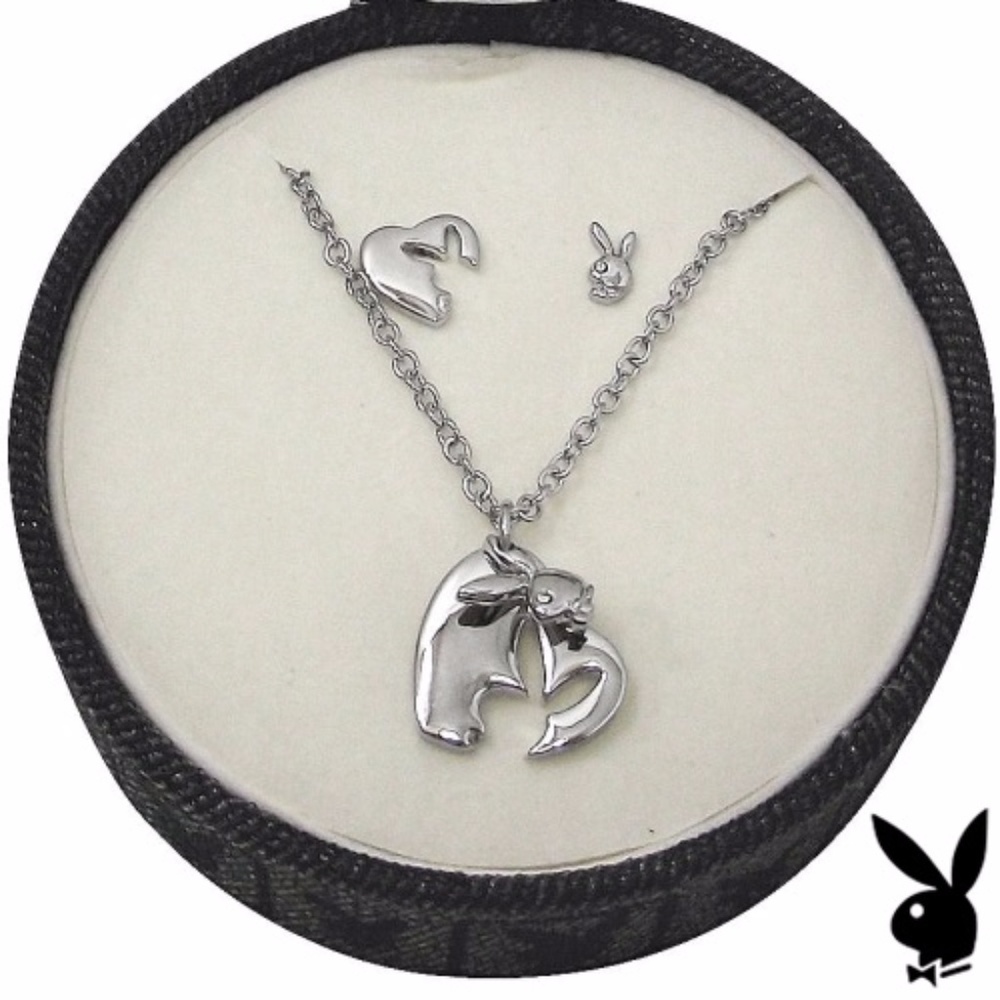 Playboy Jewelry Set Necklace Earrings Heart Pendant Bunny Studs NWT New in Box