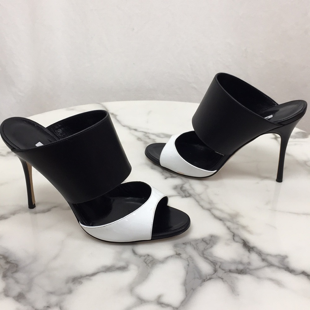 Manolo Blahnik Black and White Leather Heel Slides