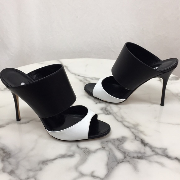 Manolo Blahnik Black and White Leather Heel Slides - Picture 1 of 8