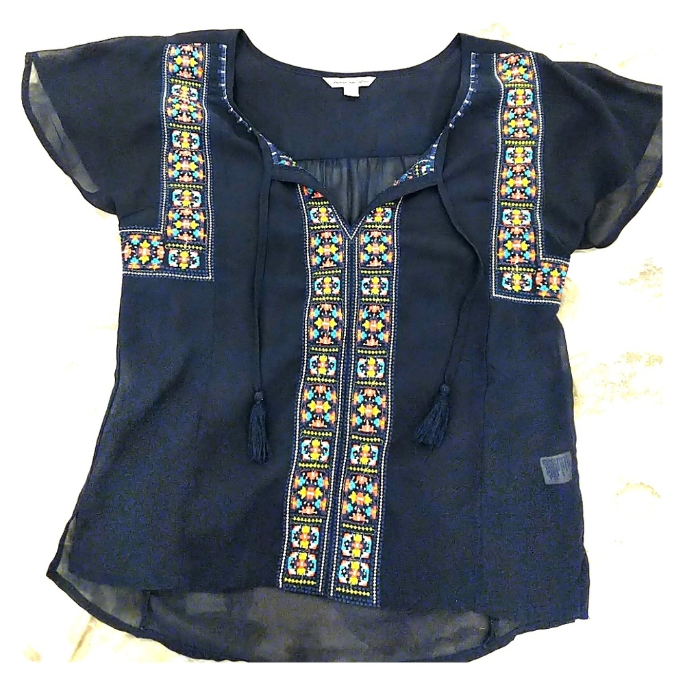 Sheer Navy Blue Blouse with embroidery Size S