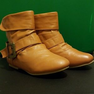 Bamboo Faux Brown Leather Short Boots W/strap