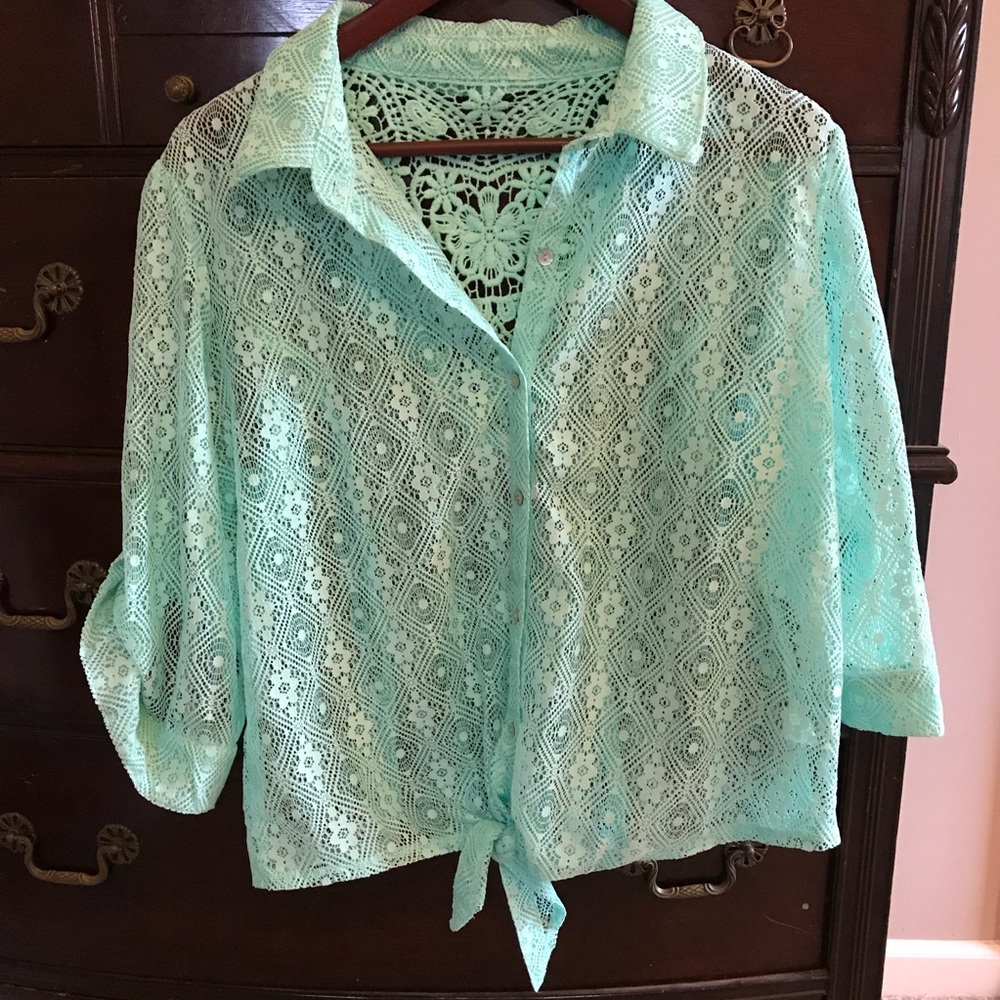 Teal lace button down 3/4 sleeve shirt