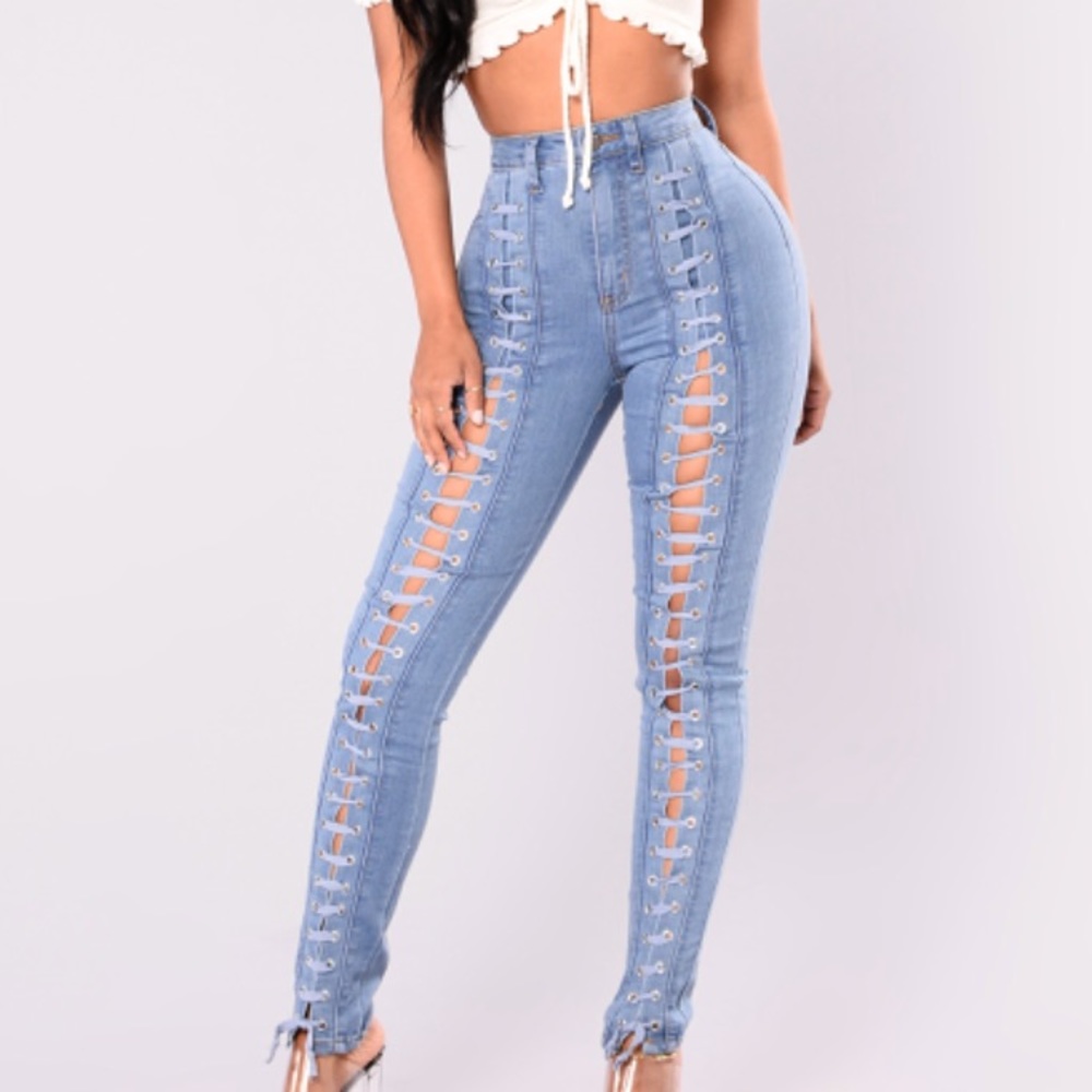 Fashion Nova Kylee lace up jeans.