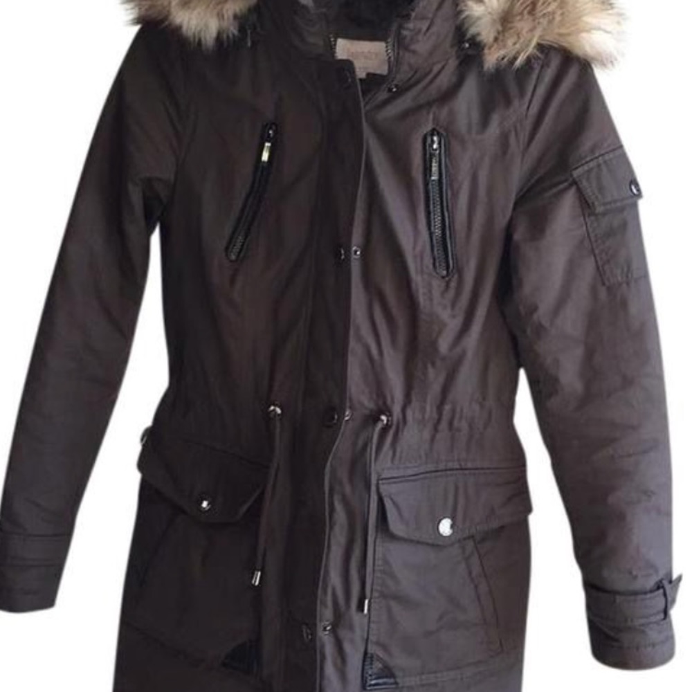 Fur hooded parka with faux leather trim