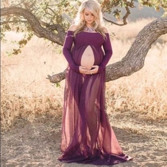 Sexy Purple Off the Shoulder Maternity Gown - Picture 3 of 3