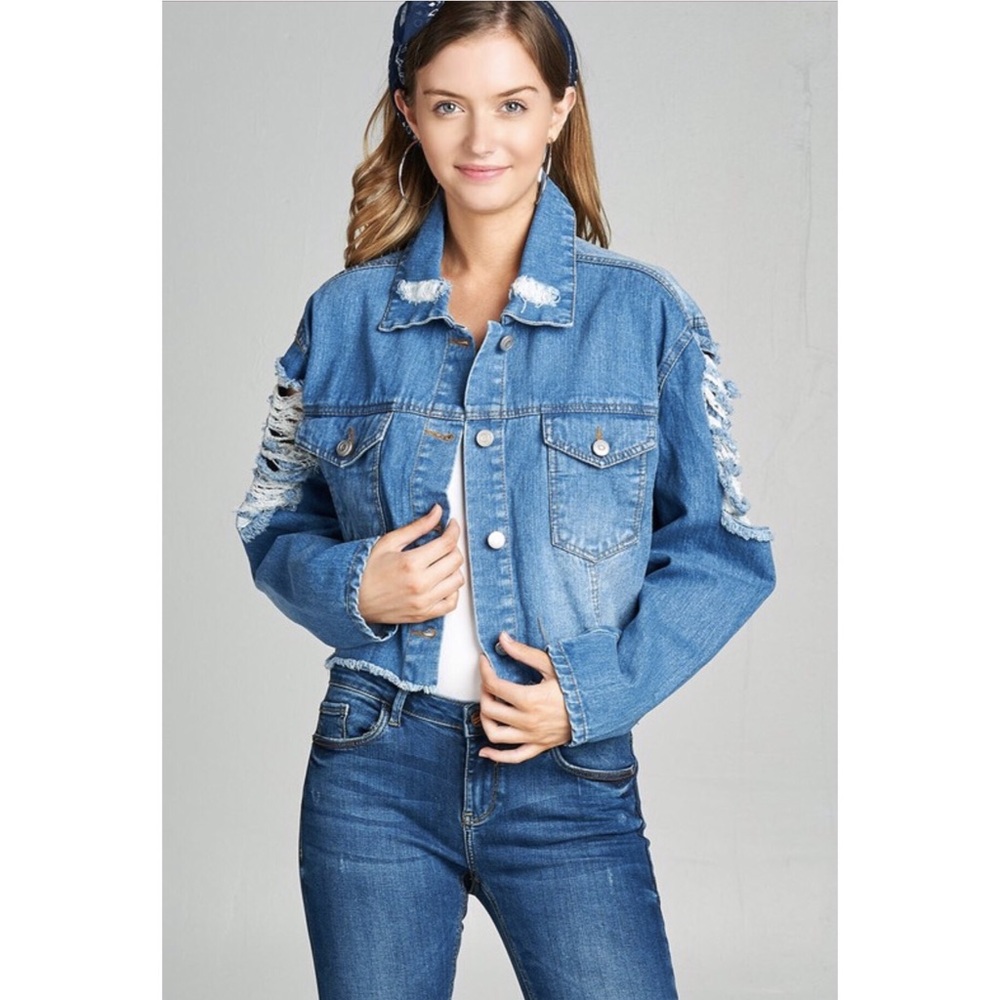 New!! Cropped Denim Distressed Jacket - Picture 1 of 3
