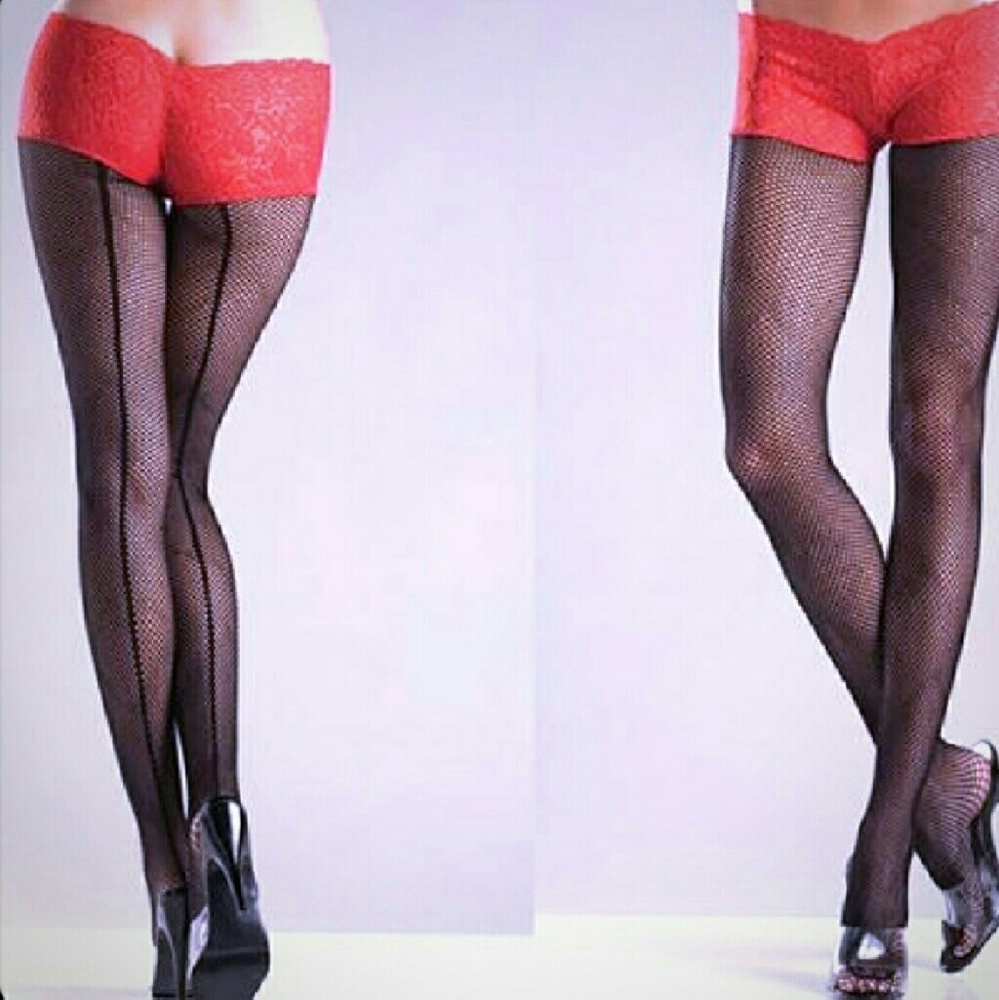 Black fishnets with red lace shorts