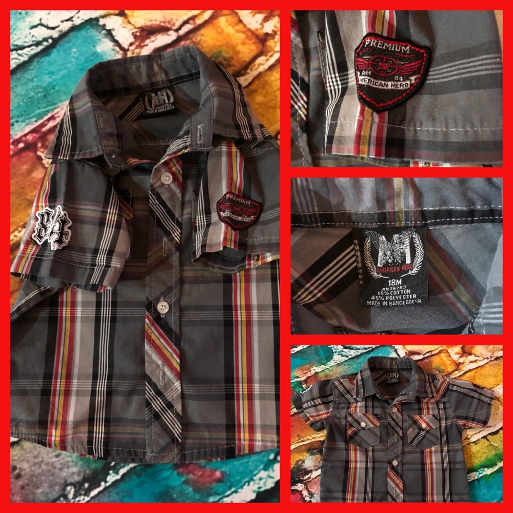 American Hero Gray Plaid Button Up Shirt Sz 18M