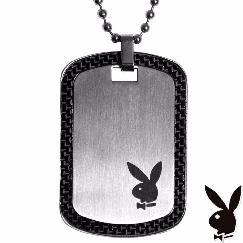 Playboy Necklace Dog Tag Pendant Bunny Logo Stainless Steel Black Carbon Fiber - Picture 2 of 6